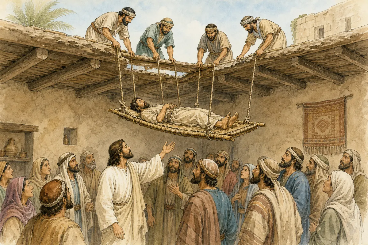 Four friends lower a paralyzed man through a roof toward Jesus.