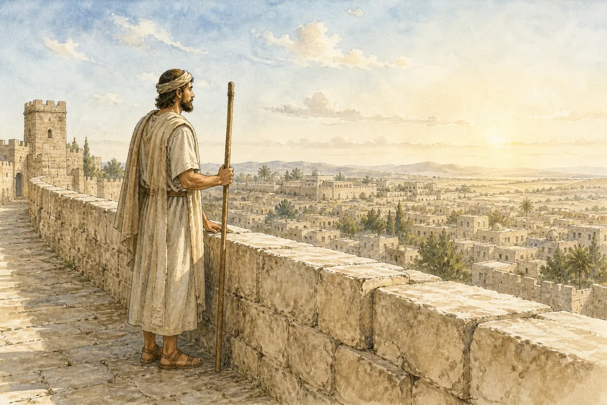 A watchman on the city wall waits for the first light of dawn.