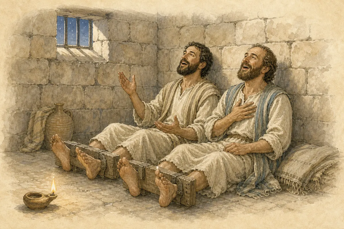 Paul and Silas sing together while confined in the Philippian prison.
