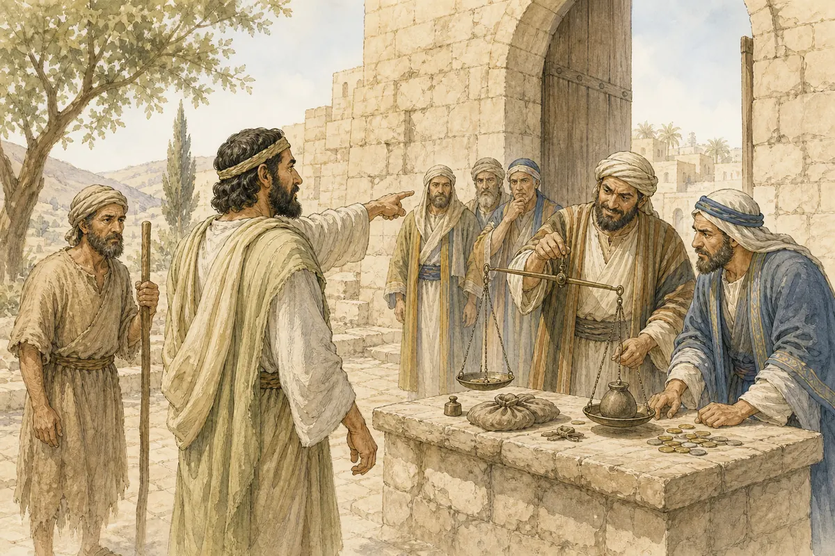 Amos confronts merchants using dishonest scales at the city gate.