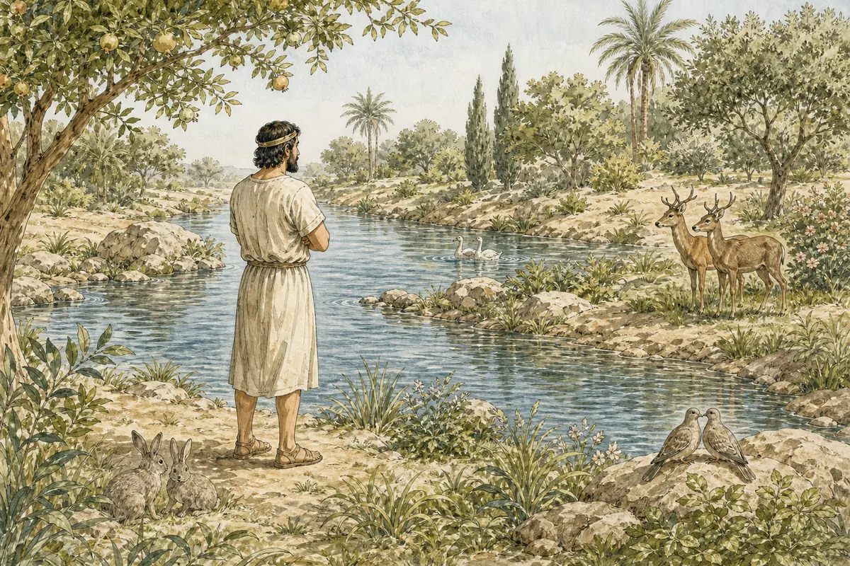 The solitary man stands in Eden while animals appear in pairs around him.