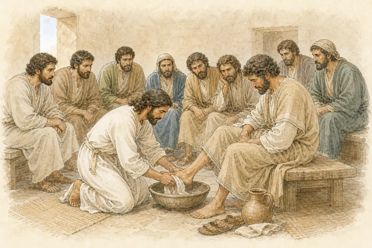 Jesus kneels to wash Peter's feet while the other disciples watch.