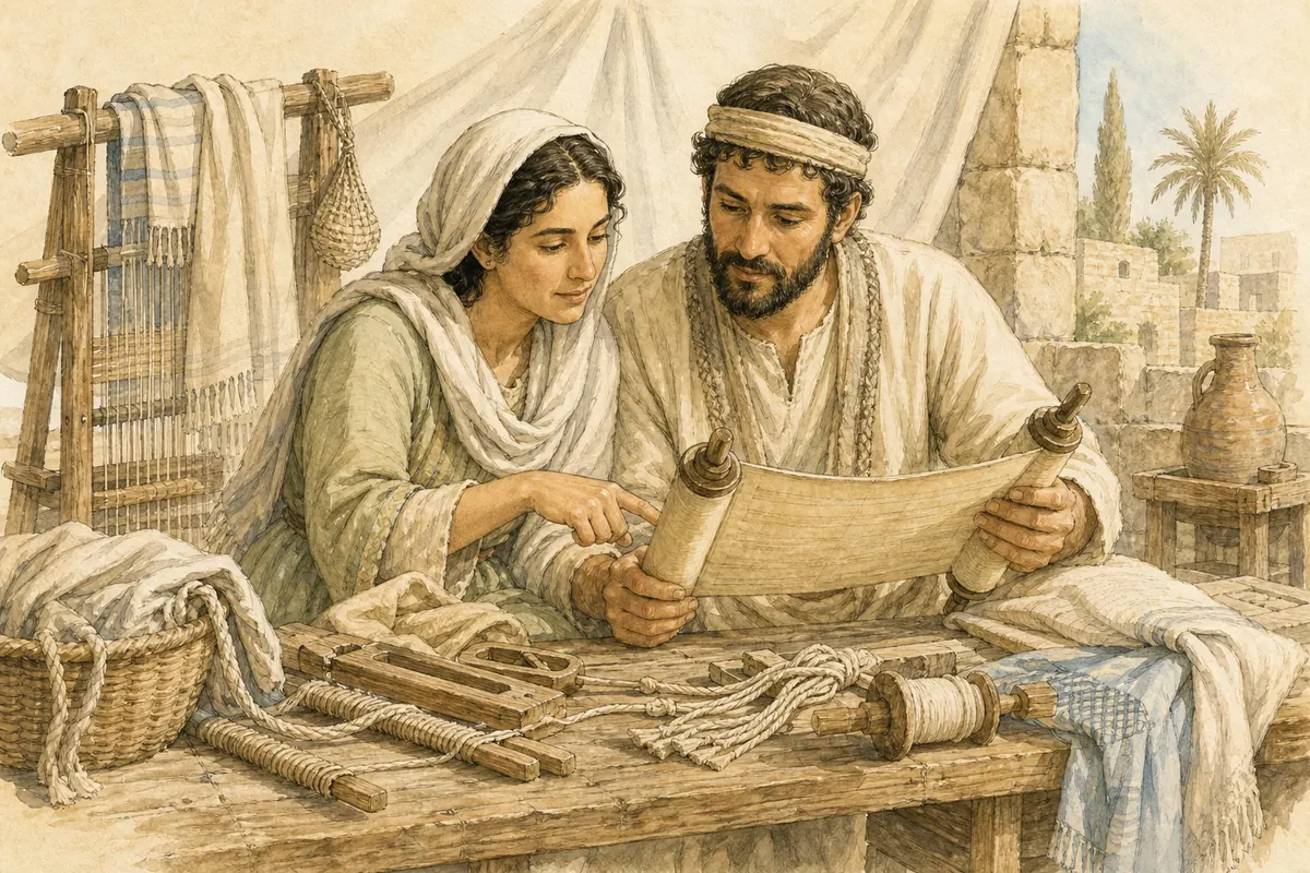 Priscilla and Aquila work together at their tentmaking craft and study a scroll.