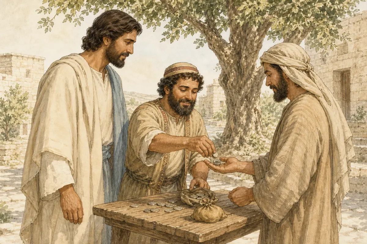 Zacchaeus gives coins back to another person while Jesus watches.