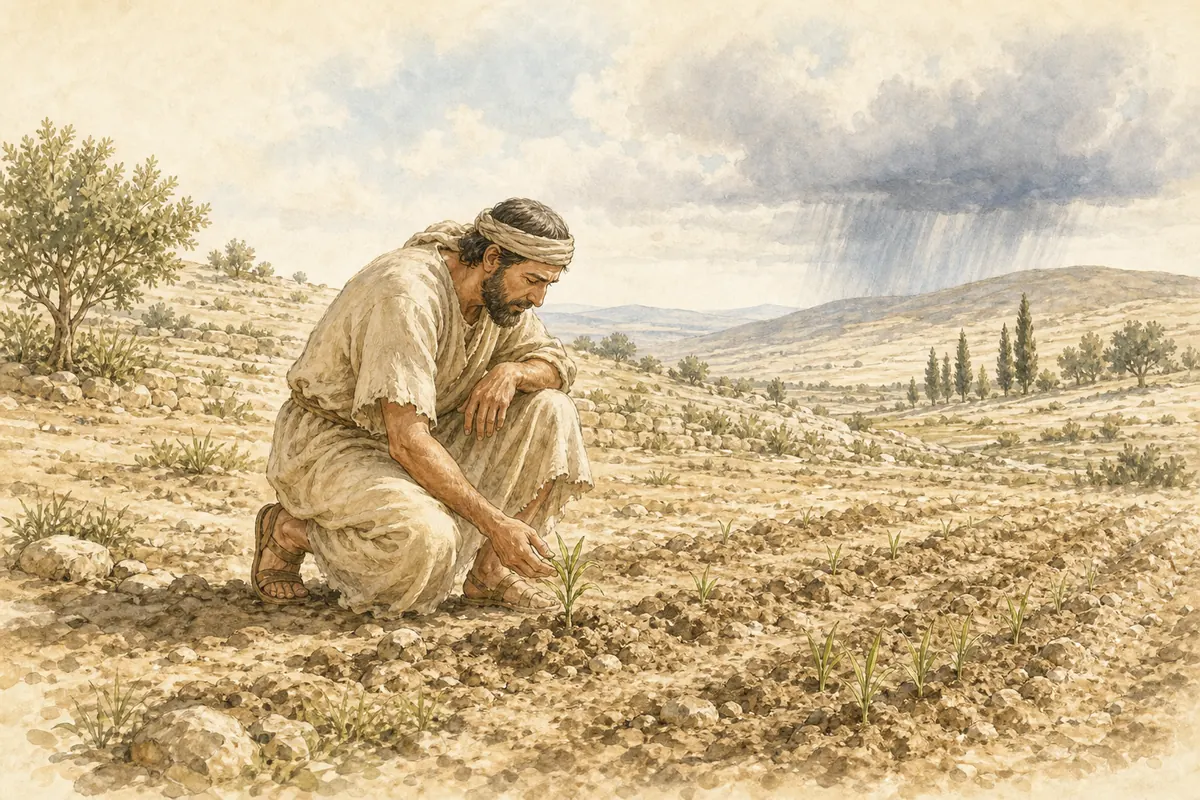 A farmer examines a young shoot while waiting for the seasonal rain.