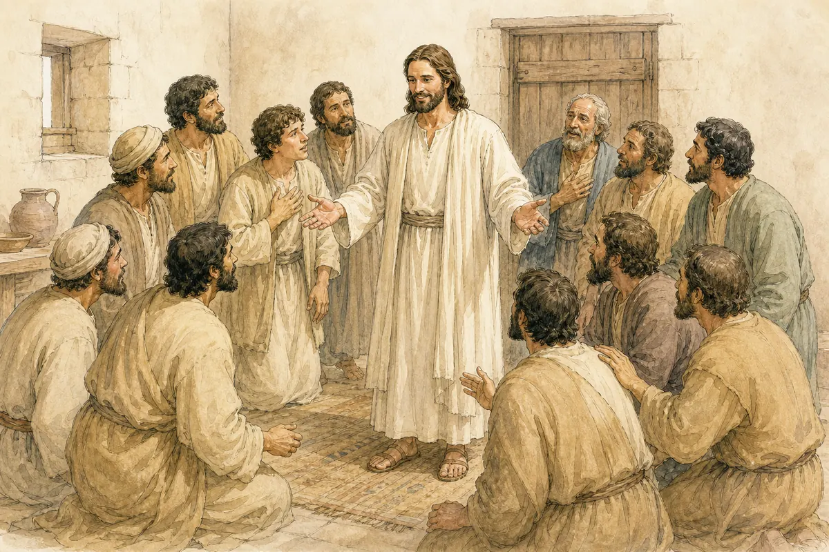 The risen Jesus greets the disciples gathered behind a closed door.