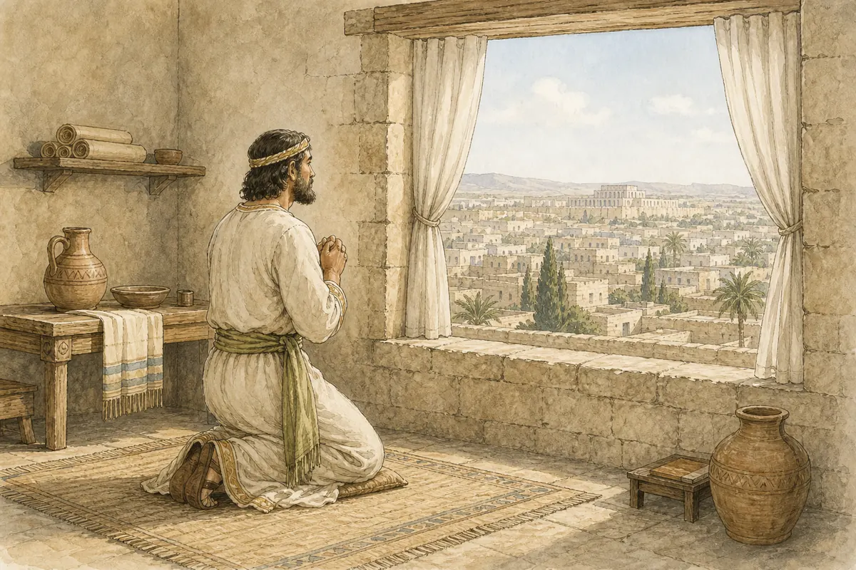 Daniel kneels in prayer at an open window facing Jerusalem.