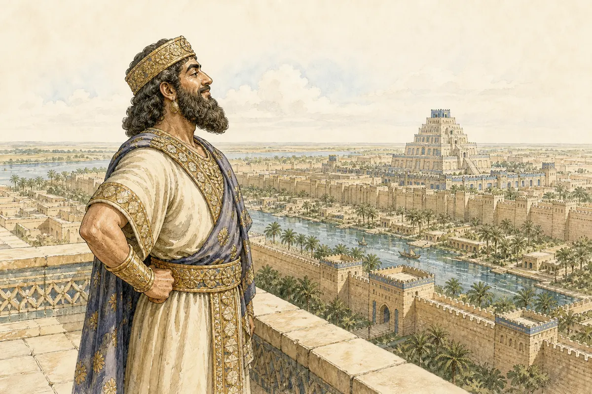 Nebuchadnezzar surveys Babylon from his palace roof.
