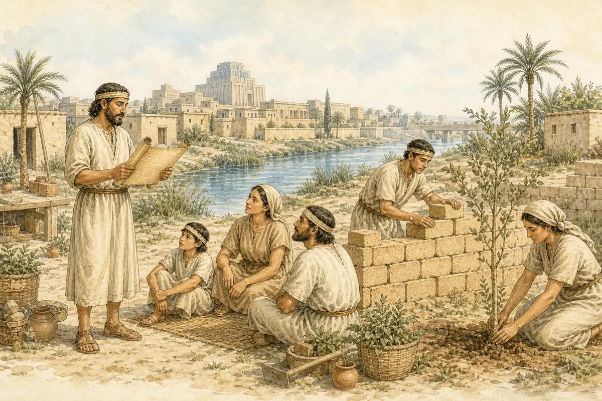 Judean exiles build homes and plant gardens while Jeremiah's letter is read.