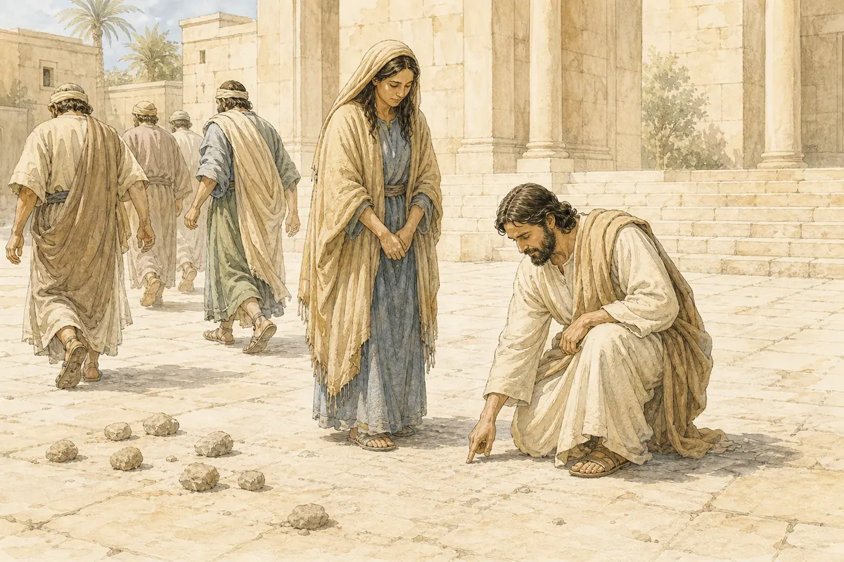 Jesus stays beside the accused woman as her accusers leave their stones.