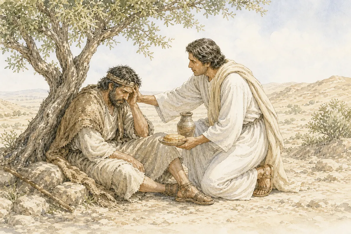 An angel brings Elijah bread and water beneath the broom tree.