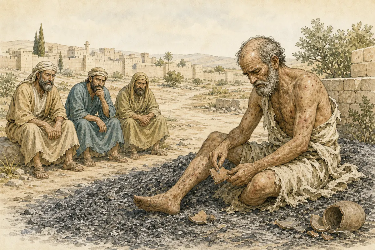 Job sits among ashes with a potsherd while his three friends grieve nearby.