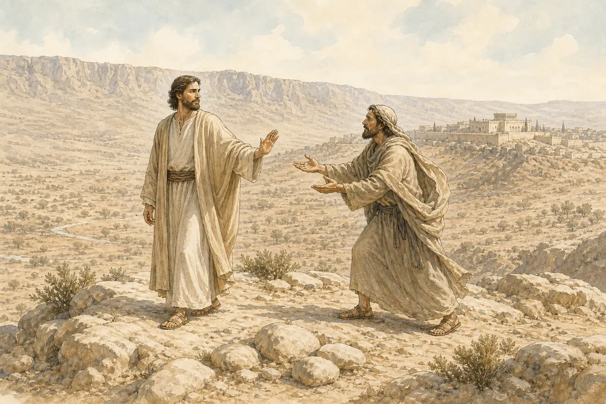 Jesus refuses the tempter in the Judean wilderness.