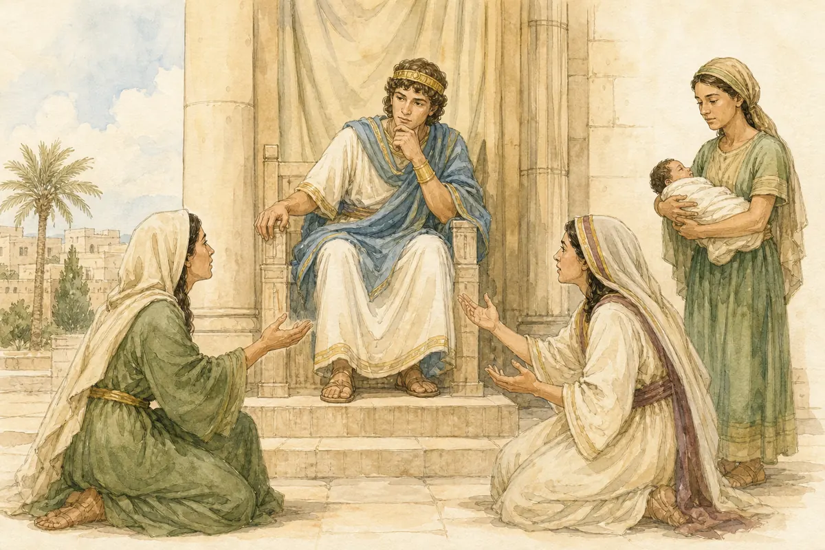 King Solomon listens as two women bring their dispute before him.