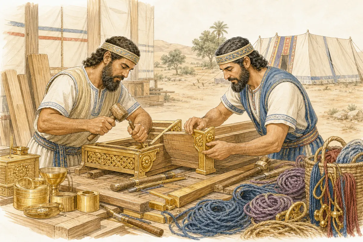 Bezalel and Oholiab craft tabernacle furnishings at a workshop bench.