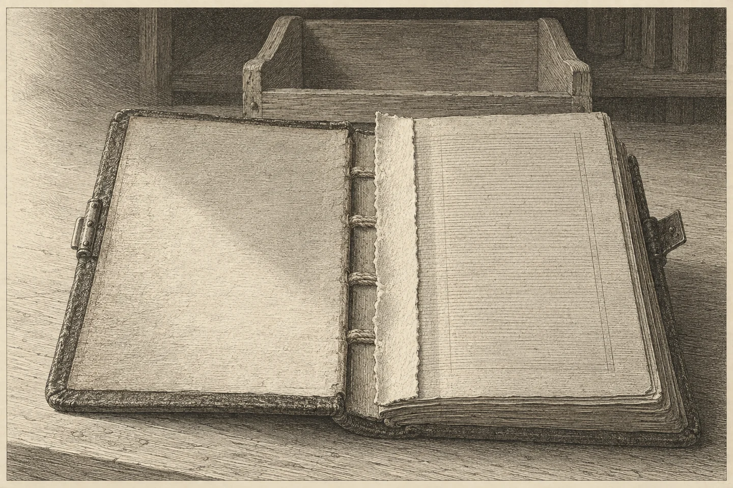 Close engraving of a single small leather-bound book lying open at the very front on a plain table, seen from slightly above and close in, so that the gutter runs down the middle of the frame. To the left is the blank inside of the front board; bound in at the sewing stands a narrow cut stub where the first leaf has been sliced out, its ragged edge standing clear of the exposed horizontal cords behind it; the surviving leaf to the right carries ruled engraved lines and stipple with no readable letters. A shallow wooden book cradle stands empty behind. A raking light enters low from outside the frame at the left, crosses the open gutter, catches the cut edge of the stub, and dies in the dark shelving beyond. No person is present.