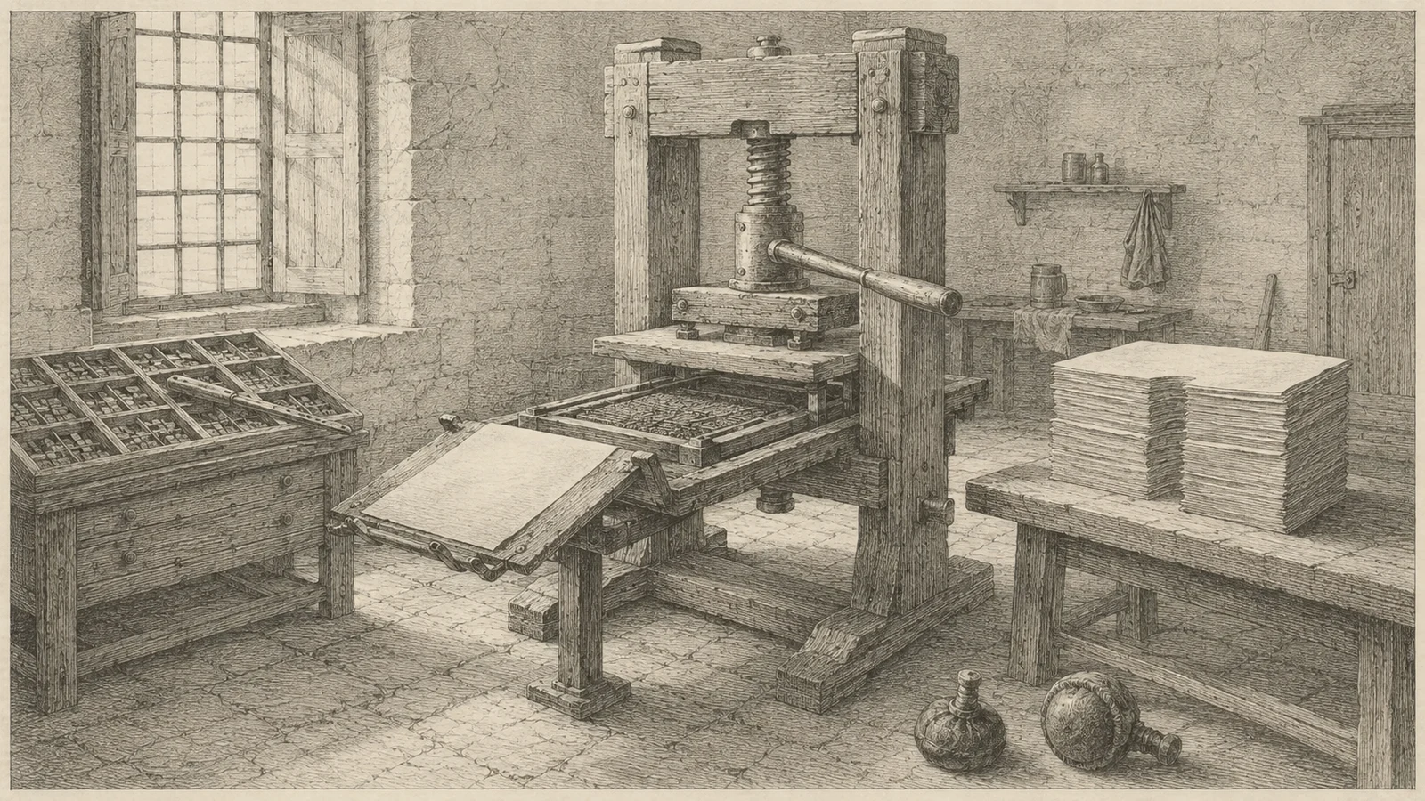 Wide engraving of a printing house abandoned in the middle of a working day. At the center a wooden hand press stands with a forme of type still locked in the bed beneath the raised platen, its tympan swung open and a blank damp sheet lying on it. To the left a compositor&rsquo;s case stands with its boxes still full and a composing stick abandoned across the top; to the right two stacks of printed sheets sit squared up on a bench with a hand-broad gap between them where a gathering should be. Two leather ink balls lie on the flagstones in the foreground. Cold morning light comes through a tall window at the left, runs down the press frame and across the stone floor, and gives out before it reaches the back wall. No person is present, and the type reads only as blunt metal blocks with no readable letters.