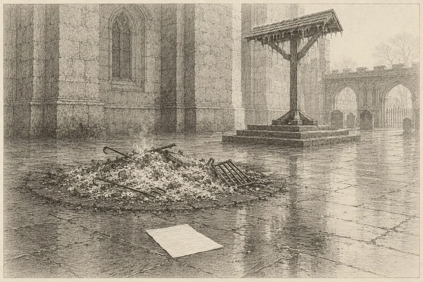 Engraving of a cathedral churchyard the morning after a burning of books. In the middle of a wide paved space a shallow ring of scorched stone holds a low heap of white ash and charred board, with a few iron pot-hooks and a bent grate half buried in it, and a thread of smoke still rising. A single unburned leaf has blown clear and lies flat on the wet paving at the front of the frame, its surface bare. Behind, an empty open-air preaching cross stands under the flank of a great church, its steps wet and its canopy dripping. Level early light comes from the right, lays a long shadow off the cross, glances off the loose leaf, and gives out in the arcade beyond. No person is present, and nothing on the leaf is legible.