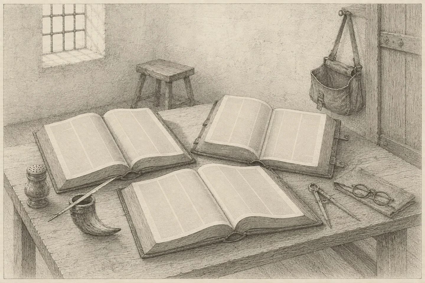 Engraving of a scholar&rsquo;s working table seen from slightly above, in a plain upper room with a plastered wall behind. Three heavy books lie open across the table, set apart from one another, their pages shown as ruled engraved lines and stipple with no legible letters. A cut quill lies across a horn inkwell; a sand shaker, a pair of dividers and an open pair of spectacles lie at the edge; a low stool stands pushed back and turned away from the table. A leather satchel hangs open and empty on a peg by the door. Light falls from a small window high on the left, crosses the open pages, runs off the table edge and fades on the boards. No person is present.