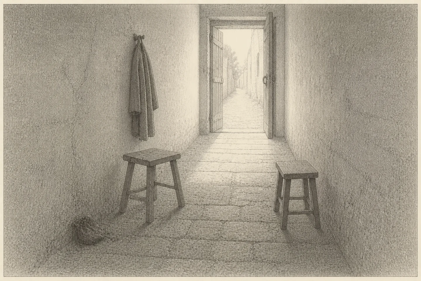 Engraving looking along a long narrow entry passage inside a merchant&rsquo;s house, so narrow that two men could not pass abreast, the plastered walls close on either side and a worn stone floor running away from the viewer. At the far end the street door stands open onto a bright empty lane, and on the near side of it two plain wooden stools have been set facing each other across the passage, both unoccupied, one pushed slightly askew. A cloak hangs on a peg halfway down; a small purse lies on the floor by the wall. Hard daylight comes in through the open street door, runs up the passage toward the viewer and fails before it reaches the near end, leaving the foreground in shadow. No person is present.