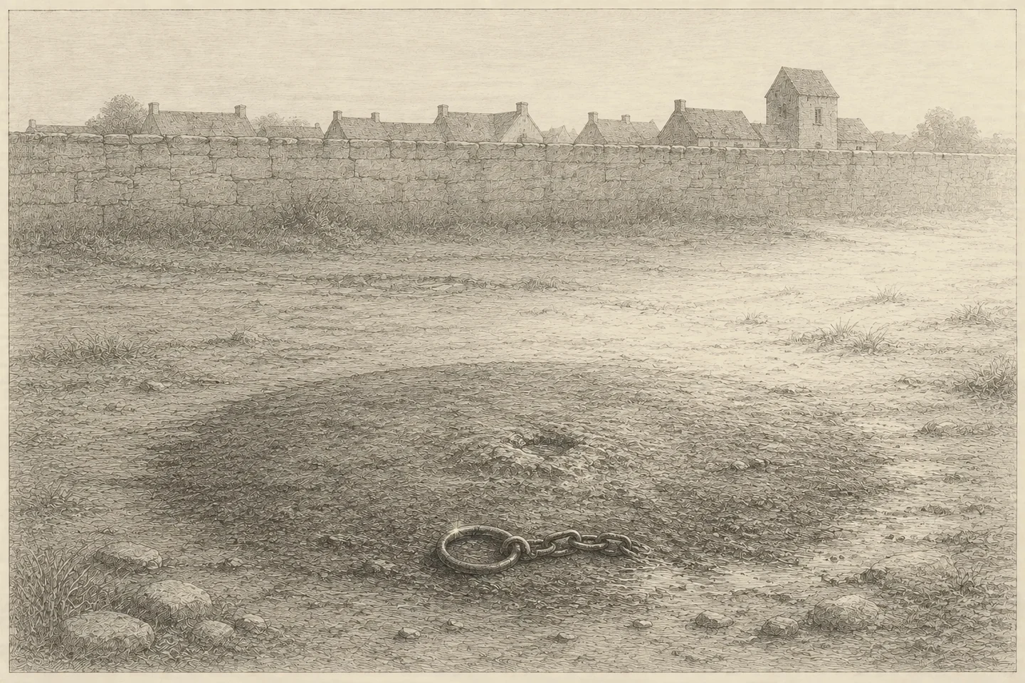 Engraving of a piece of open ground outside a town wall at first light. In the middle distance a low circle of trodden earth is darker than the ground around it, with a shallow socket at its center where a post has been drawn out and the earth backfilled unevenly. A single iron ring and a short length of chain lie half sunk in the mud at the edge of the circle. Beyond, a rough stone wall runs across the frame, and past it the roofs and a squat tower of a small town stand against a flat sky. Level early light comes from the right, crosses the trodden ground, glints once on the wet iron, and thins into mist toward the wall. No person is present.