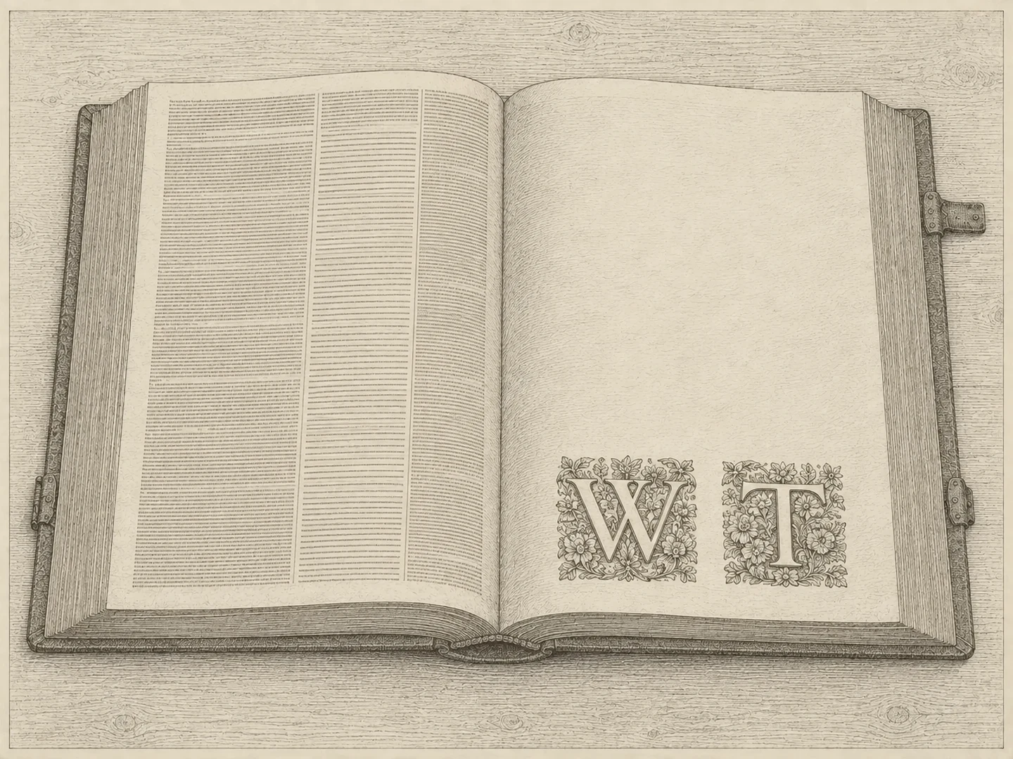 Engraving seen from directly overhead of a large folio Bible lying open flat, the left-hand leaf carrying full columns of text rendered as ruled engraved lines and stipple with no readable letters, and the right-hand leaf almost entirely blank. Low on that blank leaf stand two large ornamental woodcut capitals, W and T, set side by side and heavily flowered in the manner of a printer&rsquo;s decorated initial &mdash; the only two legible letters anywhere in the frame. The rest of the page is bare paper. Raking light comes from the upper left, catches the tooth of the paper and the raised ink of the two capitals, and falls away into the gutter. No person is present.
