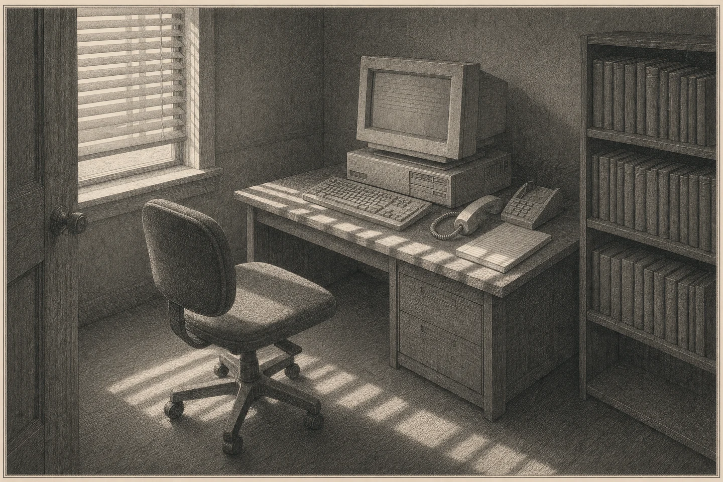 Engraving of a small home study on a summer afternoon, seen from just inside its open door, whose edge and knob stand at the left of the frame. In the far corner is a plain desk with a bulky desktop computer case, a deep, boxy monitor on it whose screen shows only faint ruled lines, and a keyboard in front. To the right of the keyboard the telephone&rsquo;s receiver lies on its side beside the base, its coiled cord slack on the desk, next to a notepad of close ruled lines with no readable letters. A wheeled office chair has been pushed back from the desk and turned aside, empty. Afternoon sun comes through the slatted blinds of a window in the left-hand wall and lays bars of light across the desk and the floor, and the right of the room falls into shadow, where a tall bookcase of plain unlettered spines stands. No person is present, and nothing written anywhere is readable.