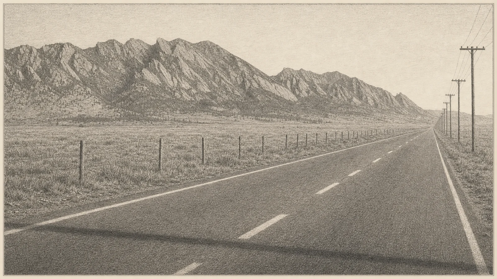 Wide engraving of a straight two-lane highway running away from the viewer across open, treeless prairie along the foot of a long wall of mountains, seen from the roadside. The mountains fill the whole horizon, and their near face tilts up in great slanted slabs of bare rock. The road is empty from the foreground to where it vanishes, with no vehicle anywhere on it. A wire fence on posts runs along the left side of the road and a line of telephone poles along the right, both shrinking toward the vanishing point. Low sun from behind the viewer lights the faces of the rock slabs, a single long shadow cast from somewhere out of frame lies across the asphalt in the foreground, and the sky above the peaks is pale. No person is visible, and there are no road signs or writing anywhere.