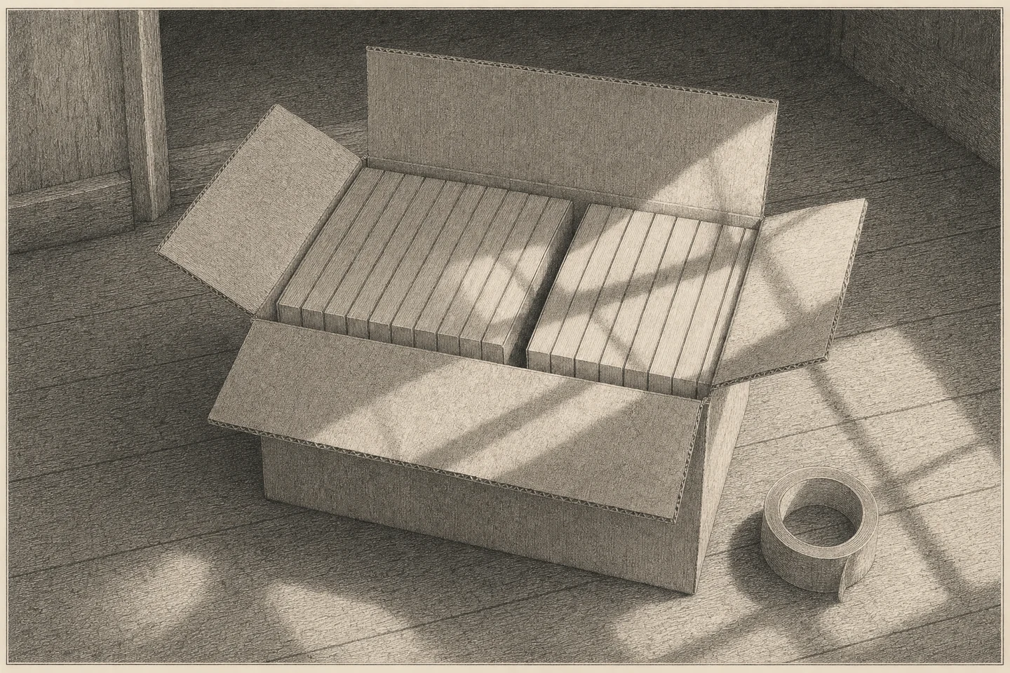 Engraving of an opened corrugated shipping carton standing on a bare wooden floor beside a doorway, seen from slightly above. Its flaps are folded back, and inside it one continuous row of identical paperback books stands on edge with their spines upward, packed tight from one side of the carton to the other, the spines plain and without any lettering. Near the middle of the row a single book is missing, and the dark slot it has left, no wider than one book, runs down to the bottom of the carton. A roll of packing tape lies on the floor beside the carton. Late sun from a window out of frame on the right lays the shadows of its glazing bars across the open flaps, the books and the floorboards, and the far side of the room is dim. No person is present, and nothing printed anywhere is readable.