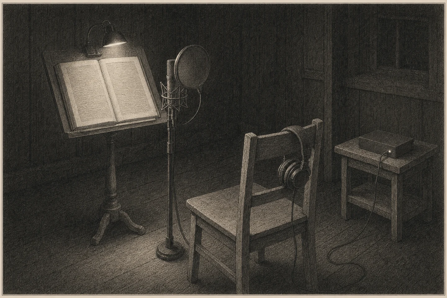 Engraving of a corner of a quiet room at night, set up for recording. A music stand holds an open book whose pages are covered in close ruled lines with no readable letters, and beside it a microphone stands on a tall stand with a round mesh screen in front of it. A plain wooden chair stands empty facing them both, a pair of headphones hung by its band over the chair&rsquo;s back, and the headphones&rsquo; cable runs down and across the floorboards to a small box on a side table, where one tiny indicator light glows. A reading lamp clipped to the top of the music stand throws a pool of light over the open pages, and the rest of the room falls away into darkness. No person is present, and nothing written anywhere is readable.