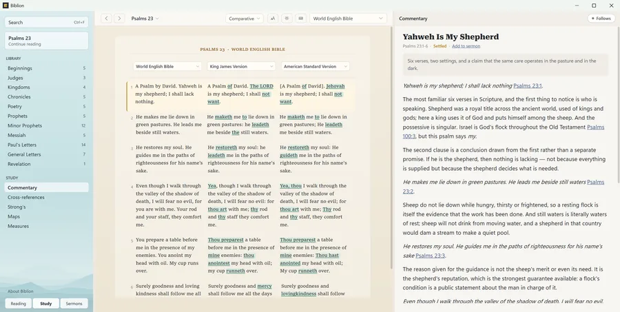 Psalm 23 in three translations at once, with the differences between them tinted