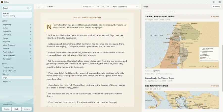 Acts 17 with the map pane following the reading