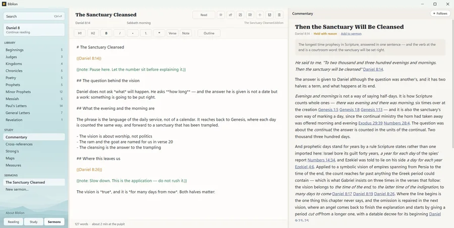 A sermon on Daniel 8 open in the editor, its quoted verses and private notes marked apart
