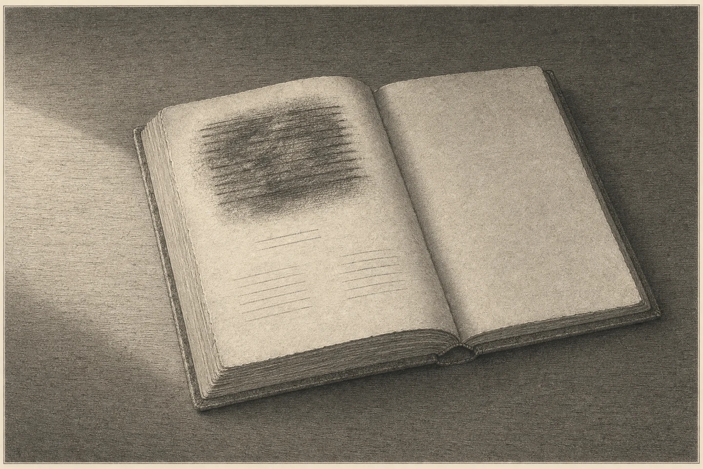 Close engraving of a small leather-bound book lying aslant on a plain table, open at its last leaves and seen from slightly above, with the gutter leaning across the frame from the lower right toward the upper left. In the upper part of the left-hand page about ten short lines of small writing, drawn as plain ruled strokes, have been struck through one by one and rubbed into a dark smear. Below the smear two or three faint short lines and, lower down, two small blocks of faint lines side by side stand for later notes, and the right-hand page is bare. No letter is readable anywhere. A raking light enters low from outside the frame at the left, crosses the table, picks out the rubbed patch and dies at the gutter, and the bare right-hand page lies in soft shade. No person is present.