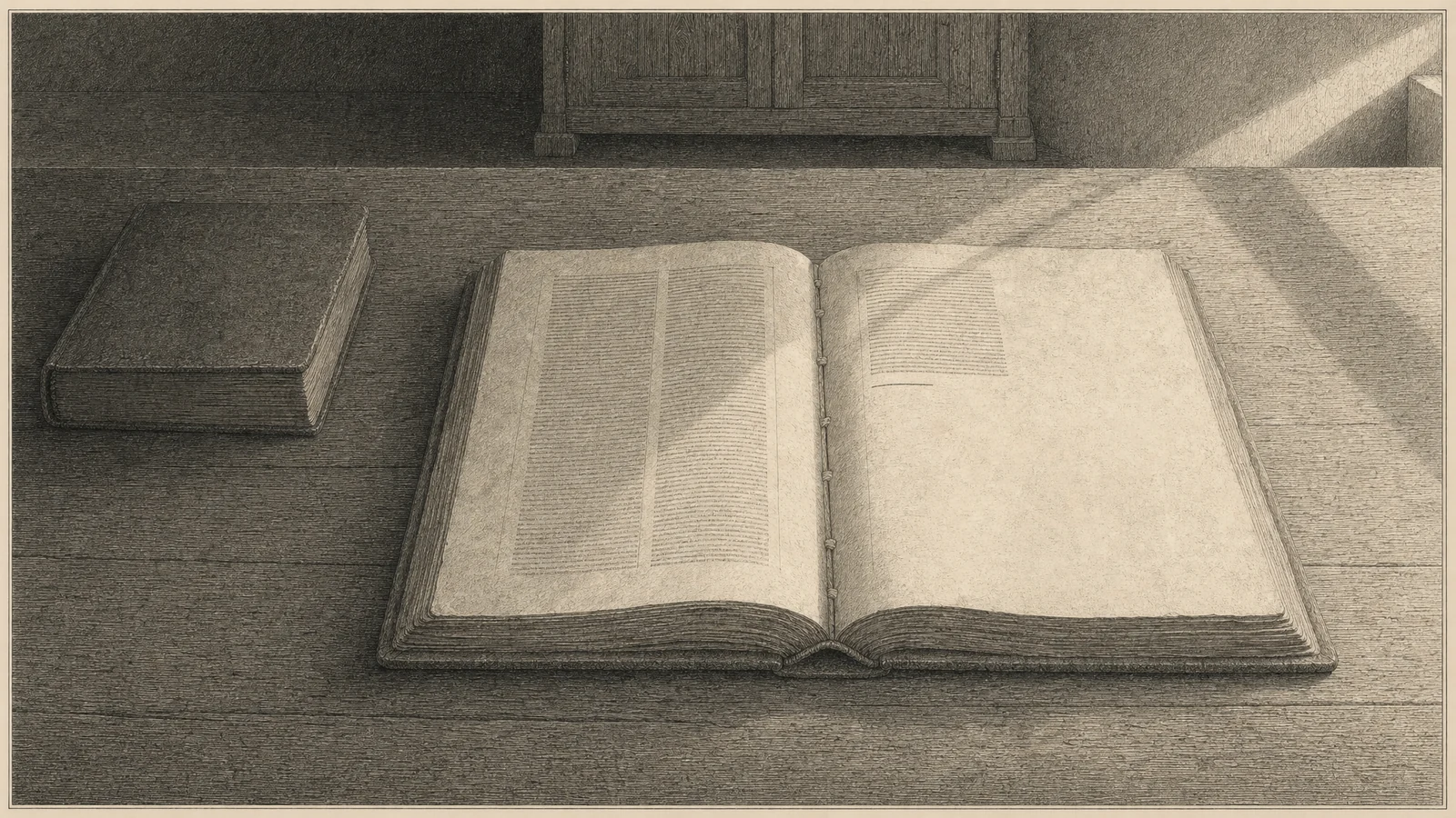 Wide engraving of a long bare oak table in an empty library, seen across the table from well above and close in. A thick vellum manuscript lies open in the middle of the frame, and at the left a second thick manuscript, a little smaller, lies closed in the shade. In the open book the left-hand page is full, two columns of ruled engraved lines from head to foot, and on the right-hand page the writing stops partway down, leaving the rest of the leaf bare. One short added line stands directly under the break. Beyond the far edge of the table the foot of a closed oak cupboard shows in the dim room. No letter is readable anywhere. Early light slants down from a high window outside the frame at the right, falls across the open book and dies before it reaches the closed one at the left. No person is present.