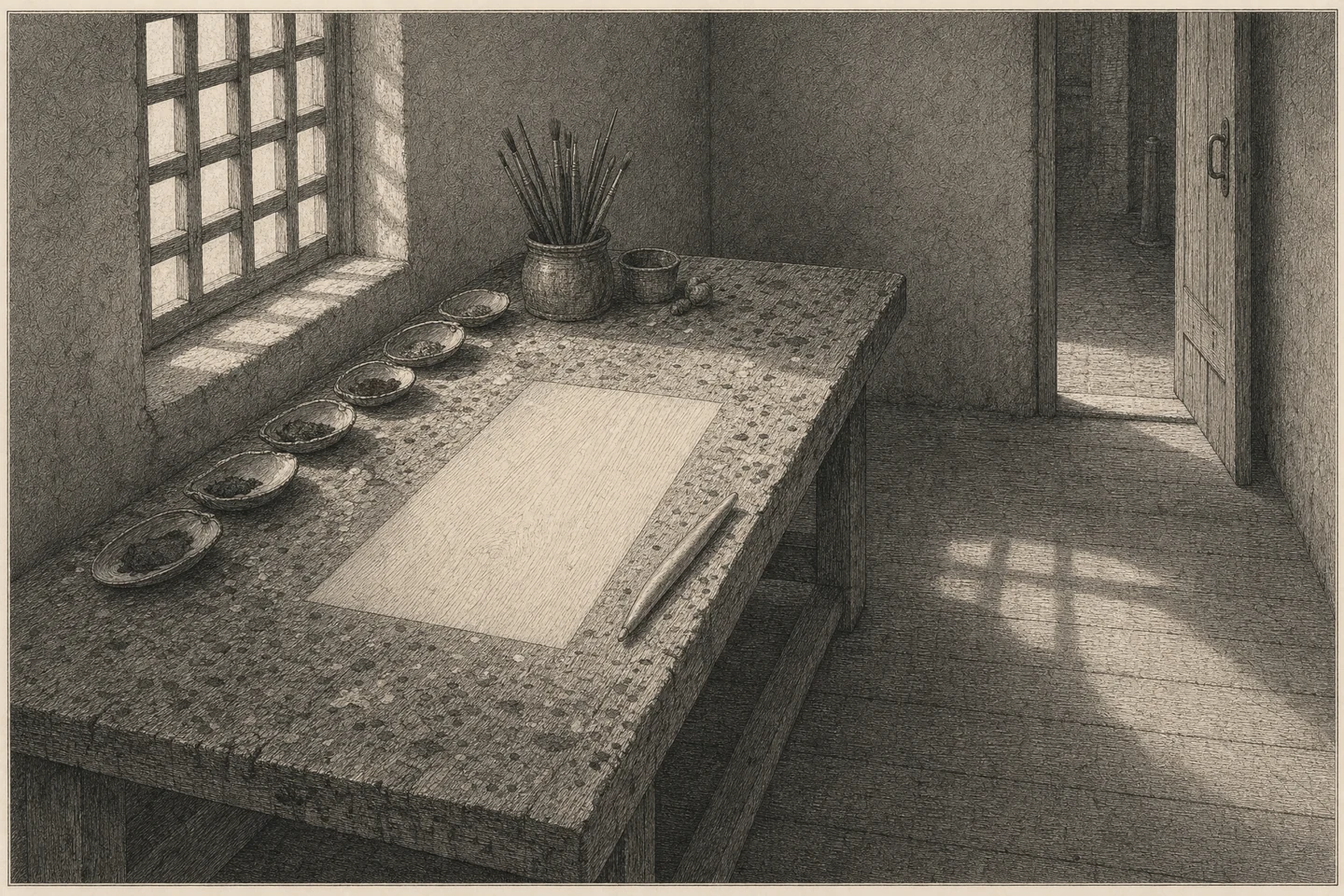 Engraving of a limner&rsquo;s workbench in a narrow London shop, seen from its near end and slightly above. The bench runs along the left-hand wall under an unglazed window of plain wooden lattice, and its boards are speckled with years of spilled paint. Mussel shells of pigment, a pot of brushes, a small cup and a burnisher lie drawn up around a clean rectangle of bare wood in the near part of the bench, where a stack of loose quires has been lying. No letter is readable anywhere. Thin northern daylight falls through the lattice from the left, lies full on the clean rectangle, crosses the floor and dies in shadow at the shop&rsquo;s door in the right-hand wall, which stands part open on the shaded street. No person is present.