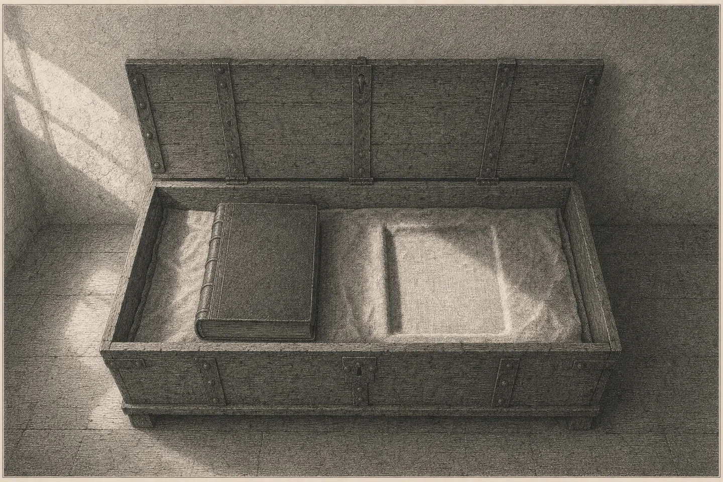 Engraving of a long iron-bound oak chest standing open against a plastered wall in a castle room, seen from the front and from high above, looking steeply down into it, its lid thrown back against the wall. One heavy closed volume in a dark leather binding lies in the left half of the chest on a folded cloth, and in the right half the cloth still holds the pressed shape of a second volume of the same size, with nothing in it. No letter is readable anywhere. Cold winter daylight falls from a high narrow window outside the frame at the left, clears the left end of the chest, lands in the empty hollow in the cloth and dies before the chest&rsquo;s right end. No person is present.