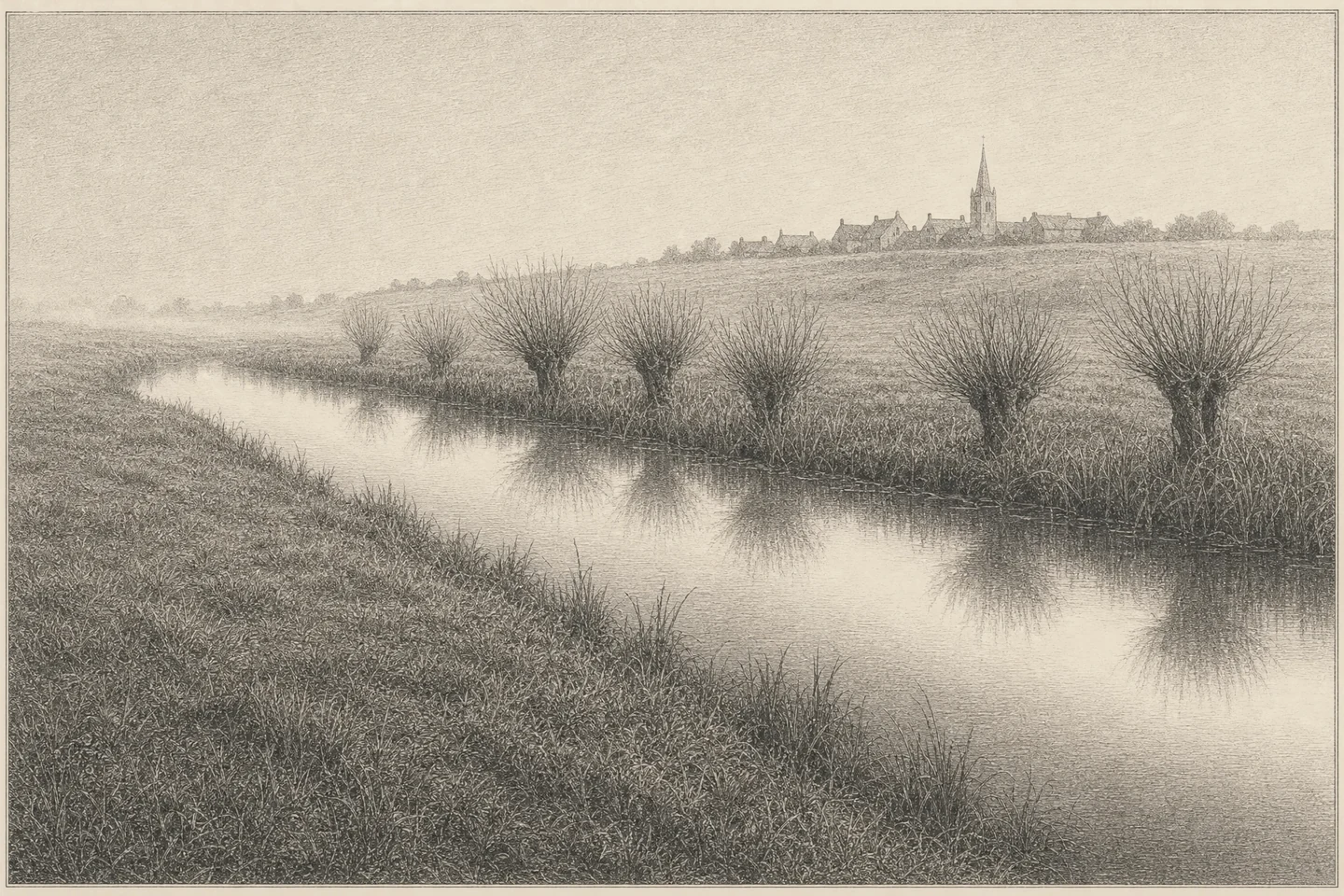 Engraving of a narrow brook running across the frame through flat meadow below a small town on a low rise, seen from the top of the near bank, looking down across the water. Reeds and a row of pollard willows line the far bank, and a short way off on the rise a church with a spire stands small against the sky. The water is clear and empty from bank to bank, with the pale sky and the willows mirrored on it, and nothing on either bank marks the place. No letter is readable anywhere. Level first light comes from outside the frame at the right, runs along the water and fades into the mist at the left. No person is present.