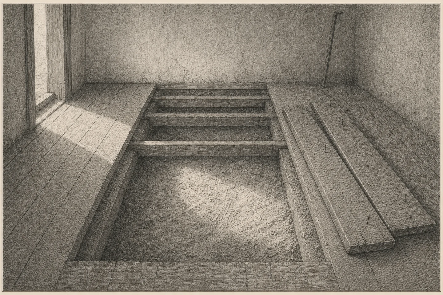 Engraving of the floor of a plain room in a small house, seen from standing height and looking down across it toward the far wall. Wide elm boards have been pried up, two of them lying to one side with their old nails standing, and among the bare joists lies a shallow cavity holding nothing but dust, scuffed where something has been dragged out. An iron bar leans against the far wall. No letter is readable anywhere. Gray daylight falls from a small open door in the left-hand wall, slides across the floorboards, drops over the lip of the hole and ends on the scuffed dust. No person is present.
