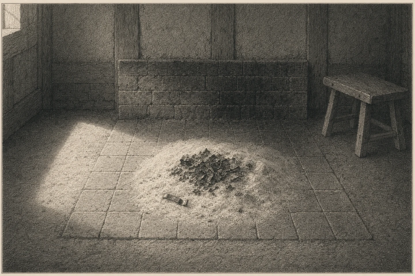 Engraving of a low open hearth in the plain hall of a timber-framed farmhouse, seen from close in front of it at standing height, looking down onto it. The fire is out, and on the worn tiles of the hearth, set flush in the earth floor against a low brick fireback, a soft bed of cold ash holds a small heap of curled black scraps of burned page and one bent book clasp. No letter is readable anywhere. A plain wooden stool stands pushed back from the hearth at the right. Low morning light comes from a small window in the left-hand wall, crosses the earth floor and the tiles and stops at the ash. No person is present.
